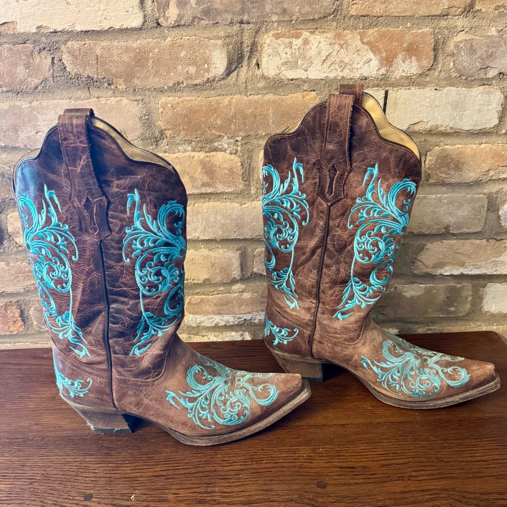 CORRAL R1193 Brown & Turquoise "Dahlia" floral cowgirl boots snip toe sz 10
